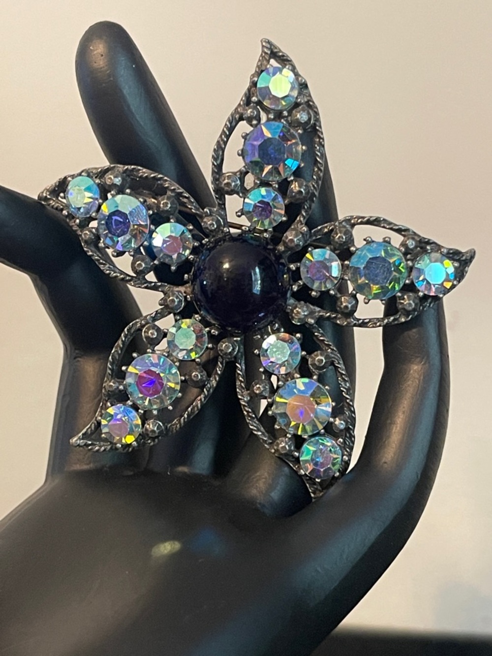 1960’s Weiss Blue Glass Cabochon Aurora Borealis Rhinestone Star Flower Brooch